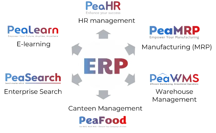 Peasoft ecosystem illustration showing ERP at the center connected to PeaHR, PeaMRP, PeaWMS, PeaLearn, PeaSearch and PeaFood modules.